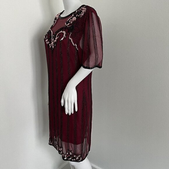 Vintage 90s Jennifer by KVM Party Dress Size M Cranberry Sequin Embroidered Silk - Picture 8 of 16